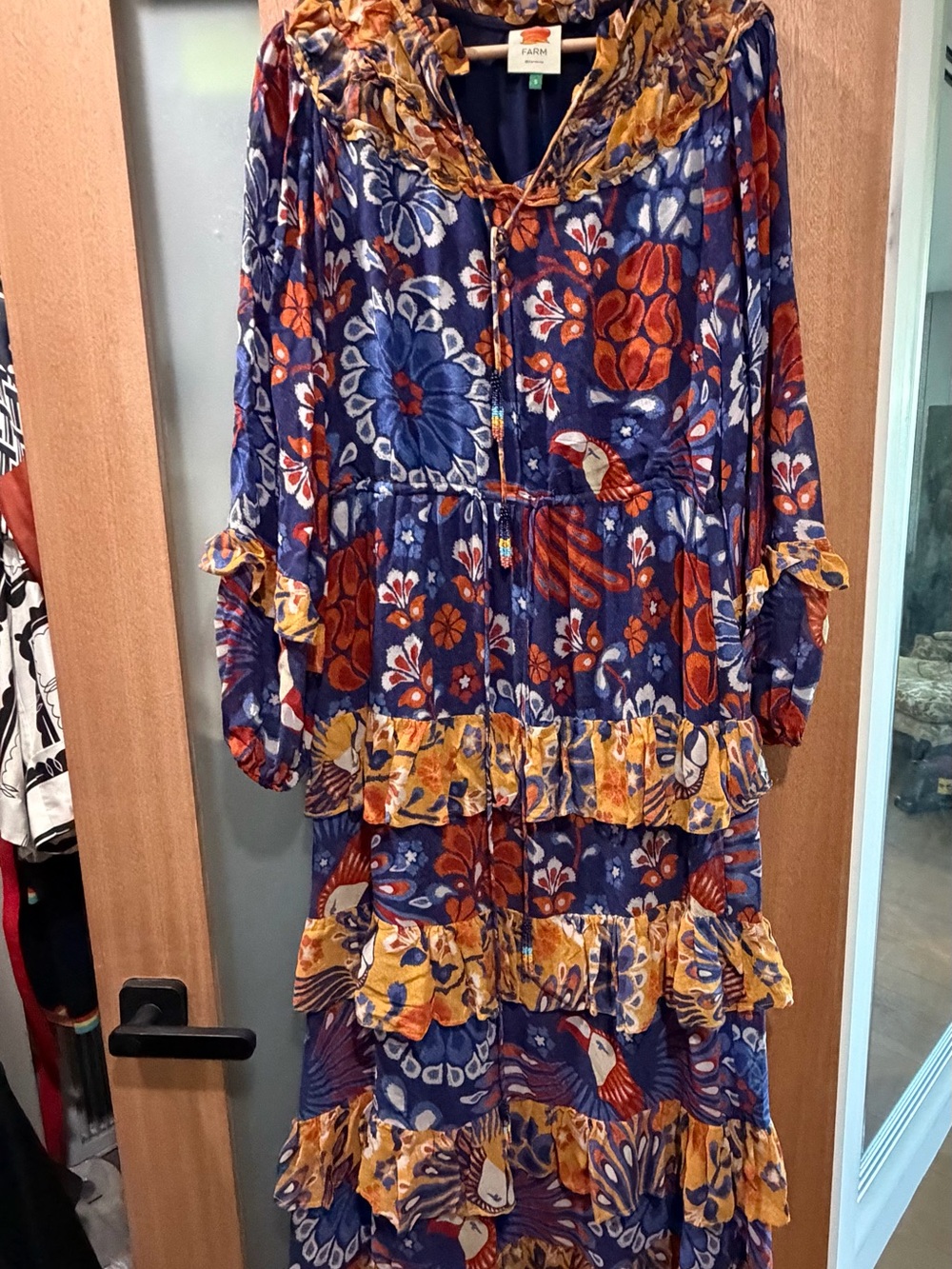 FARM Rio Navy Floral Tiered Maxi Dress with Orange & Yellow Accents